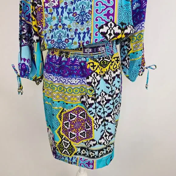 Cache Mini Blouson Dress Small Blue Purple Patchwork Boho Y2K Eclectic Artsy - Picture 4 of 11
